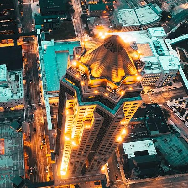 Aerial shot of the Ruan Center in downtown Des Moines, IA.